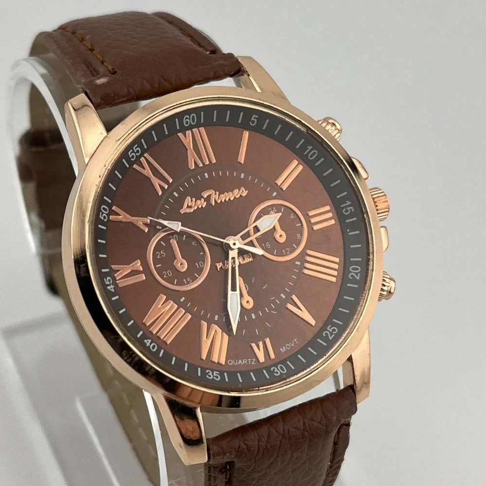 Liu Times‎ Watch Women 40mm Rose Gold Case Brown Faux Leather Band- New Battery